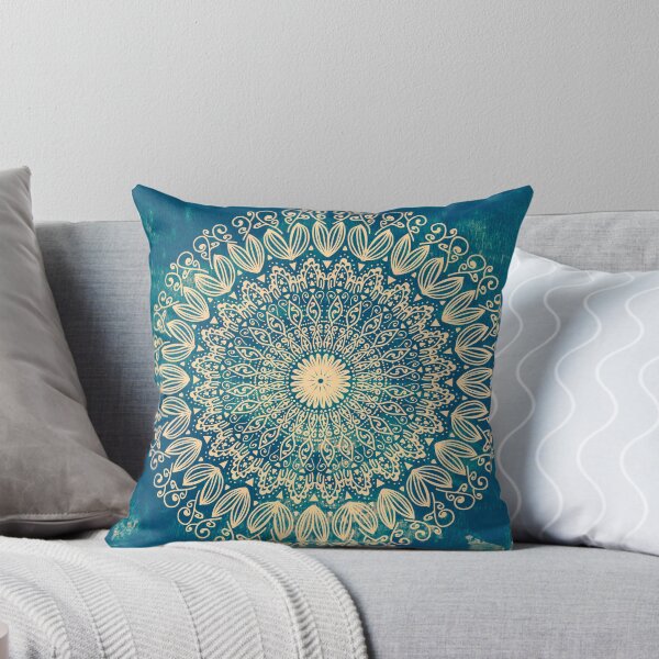 Blue Organic Boho Mandala Throw Pillow
