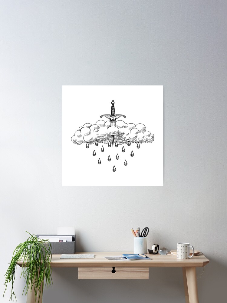 Fluffy cloud from the sky crying pierced by the dagger that makes me cry rain tears. Classic engraved sketch drawing. Poster