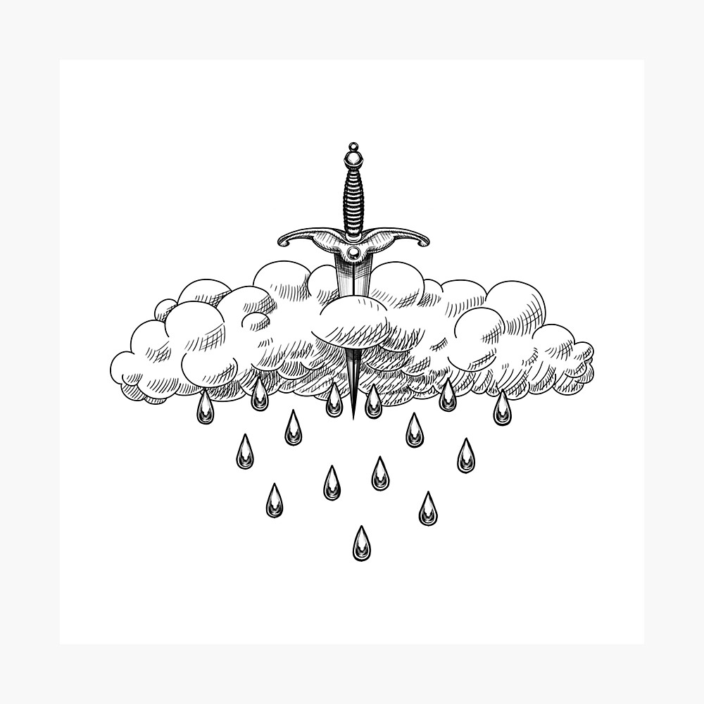 Fluffy cloud from the sky crying pierced by the dagger that makes me cry rain tears. Classic engraved sketch drawing. Poster