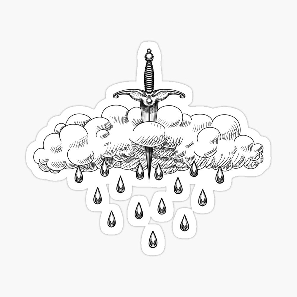 Fluffy cloud from the sky crying pierced by the dagger that makes me cry rain tears. Classic engraved sketch drawing. Poster