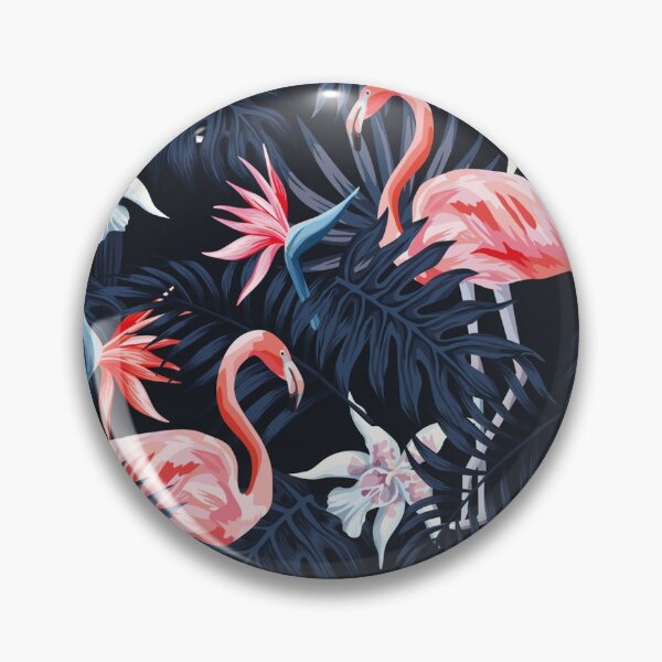 Item preview, Tropical birds pink flamingo exotic flowers bird of paradise dark blue palm leaves black background seamless t-shirt  designed and sold by bestdesigns2020.