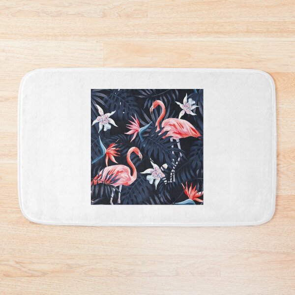 Item preview, Tropical birds pink flamingo exotic flowers bird of paradise dark blue palm leaves black background seamless t-shirt  designed and sold by bestdesigns2020.