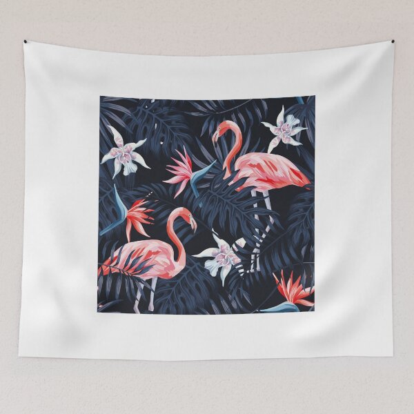 Item preview, Tropical birds pink flamingo exotic flowers bird of paradise dark blue palm leaves black background seamless t-shirt  designed and sold by bestdesigns2020.