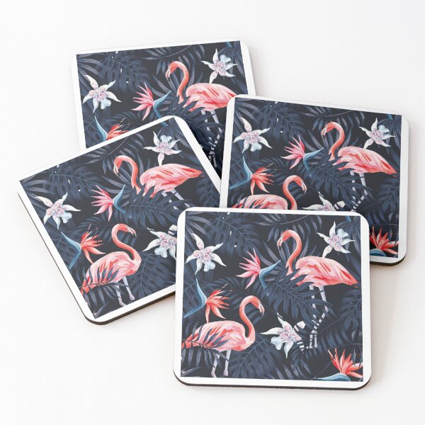 Item preview, Tropical birds pink flamingo exotic flowers bird of paradise dark blue palm leaves black background seamless t-shirt  designed and sold by bestdesigns2020.