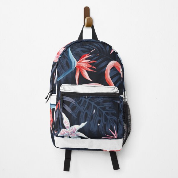 Item preview, Tropical birds pink flamingo exotic flowers bird of paradise dark blue palm leaves black background seamless t-shirt  designed and sold by bestdesigns2020.