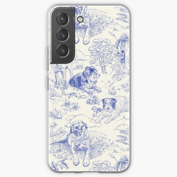Country Dogs Toile with Collie, Aussie and Jack Russell Terrier in Blue and White Samsung Galaxy Soft Case