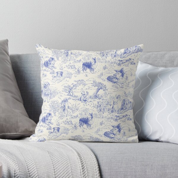 Country Dogs Toile with Collie, Aussie and Jack Russell Terrier in Blue and White Throw Pillow