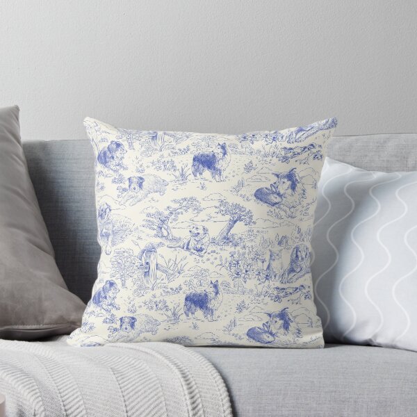 Country Dogs Toile with Collie, Aussie and Jack Russell Terrier in Blue and White Throw Pillow