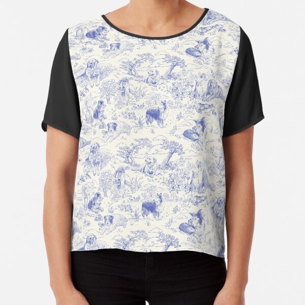 Country Dogs Toile with Collie, Aussie and Jack Russell Terrier in Blue and White Chiffon Top