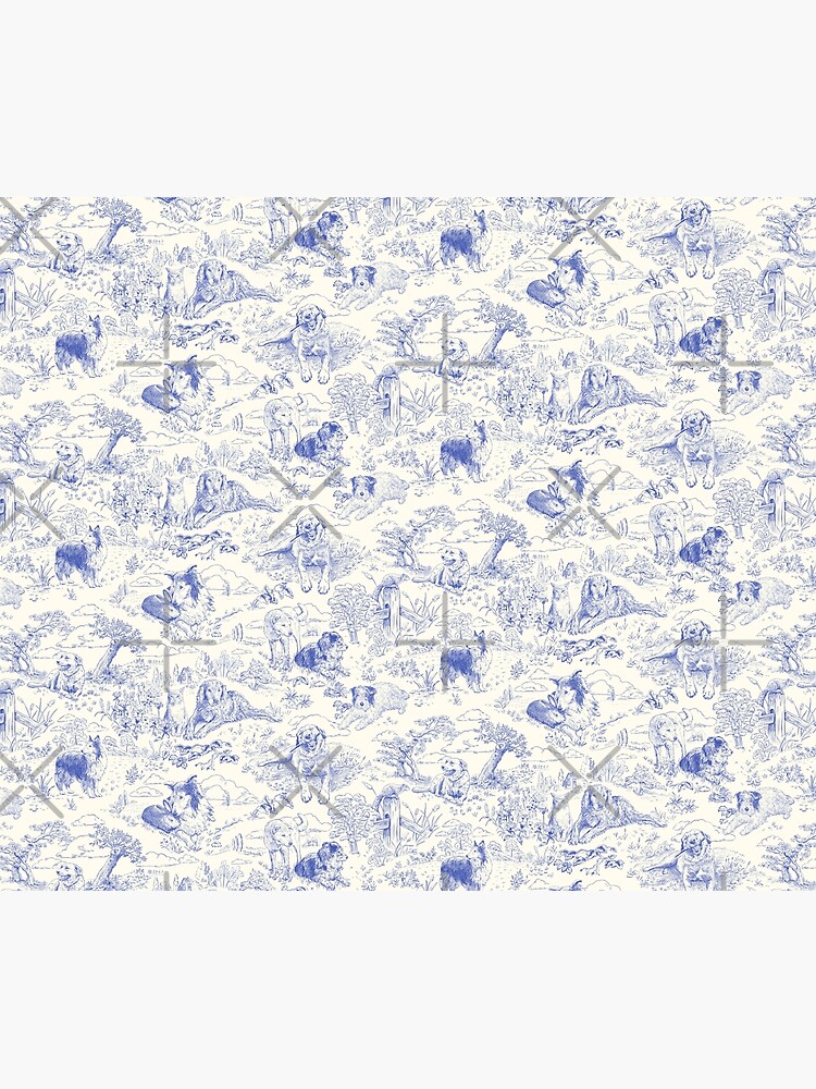 Country Dogs Toile with Collie, Aussie and Jack Russell Terrier in Blue and White by vinpauld