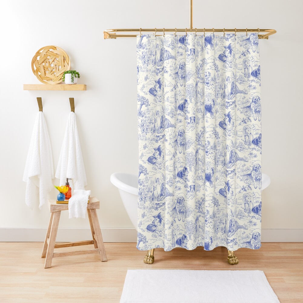 Country Dogs Toile with Collie, Aussie and Jack Russell Terrier in Blue and White Shower Curtain