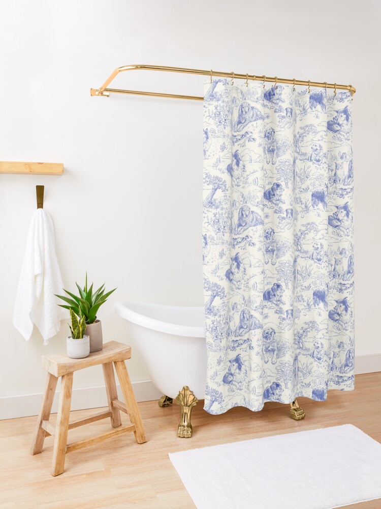 Alternate view of Country Dogs Toile with Collie, Aussie and Jack Russell Terrier in Blue and White Shower Curtain