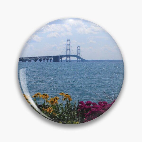 Item preview, Mackinac Bridge Michigan  in Summer Time with Bright flowers in foreground and Cloudy Sky designed and sold by fineartprints1.