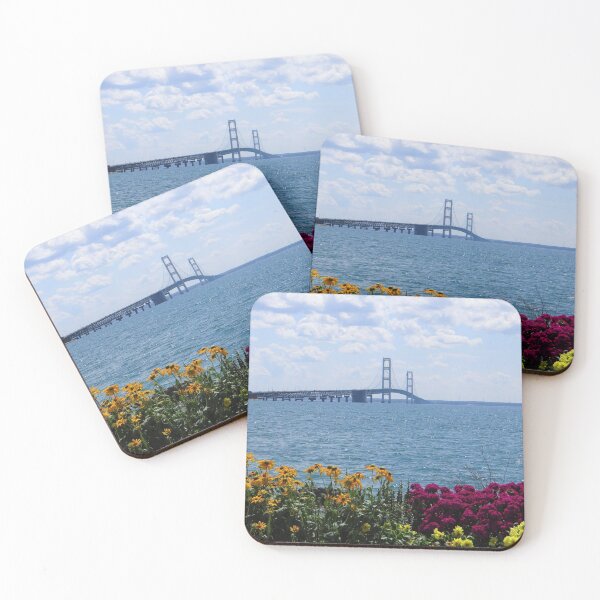 Item preview, Mackinac Bridge Michigan  in Summer Time with Bright flowers in foreground and Cloudy Sky designed and sold by fineartprints1.