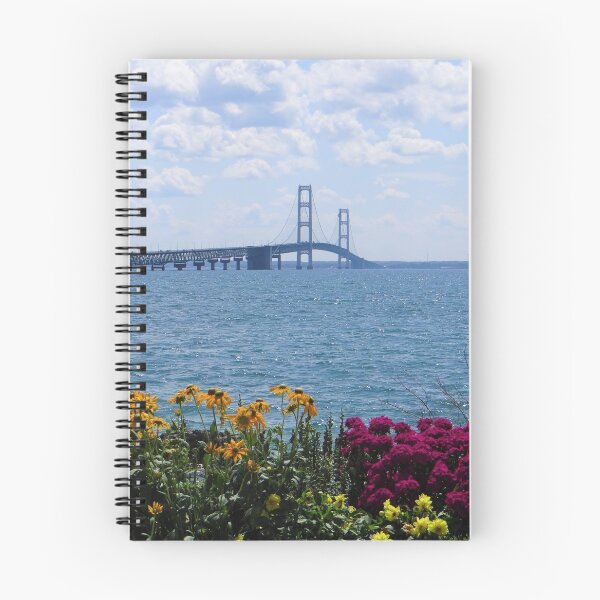 Item preview, Mackinac Bridge Michigan  in Summer Time with Bright flowers in foreground and Cloudy Sky designed and sold by fineartprints1.