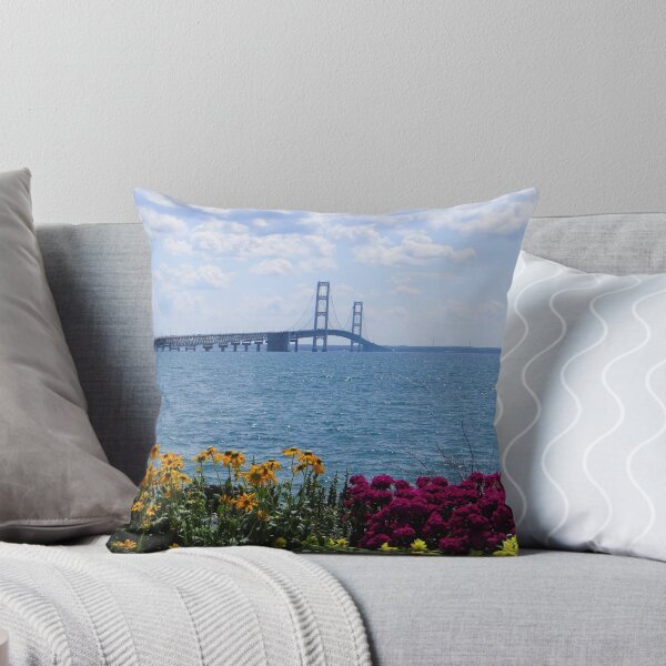 Item preview, Mackinac Bridge Michigan  in Summer Time with Bright flowers in foreground and Cloudy Sky designed and sold by fineartprints1.
