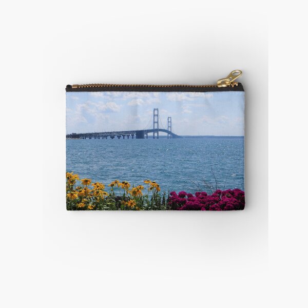 Item preview, Mackinac Bridge Michigan  in Summer Time with Bright flowers in foreground and Cloudy Sky designed and sold by fineartprints1.