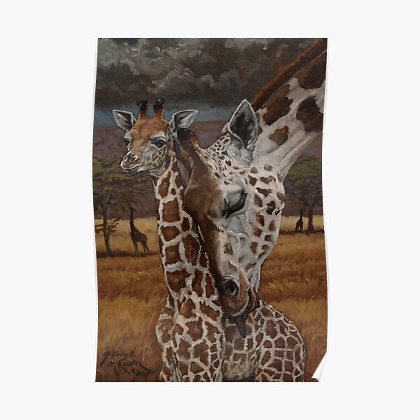 Mommy and young Giraffes Oil Painting Poster