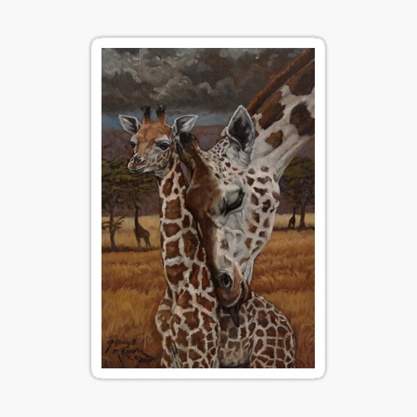 Mommy and young Giraffes Oil Painting Sticker
