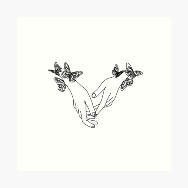 Hands Holding Butterfly Minimal Line Art Art Print. Line drawing