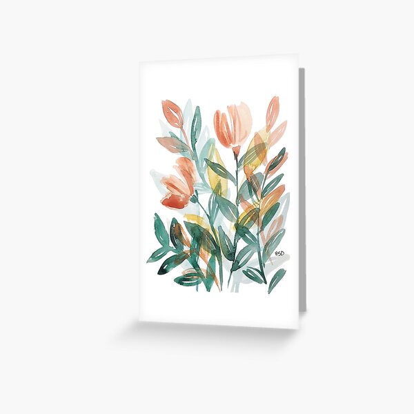 Watercolor floral with orange, teal, and yellow. Greeting Card