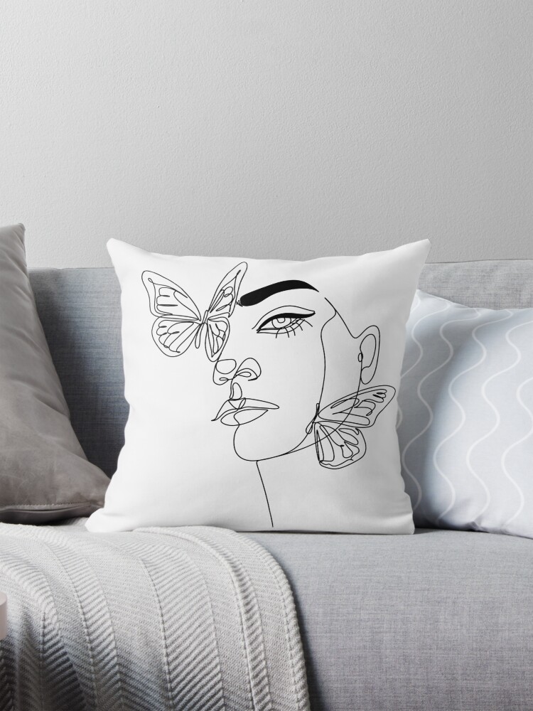 Abstract Line Illustration Minimal Face Drawing with butterfly In Lines Printable Fashion Sketch Drawn Female Portrait Minimalist Woman Art. Pillow for Sale by OneLinePrint Redbubble