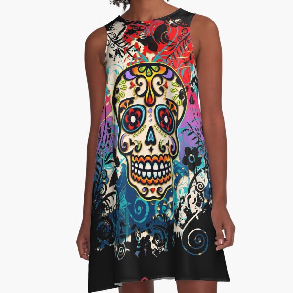 Mexican Skull, Sugar Skull, Day of the Dead, Dias de los muertos A-Line Dress