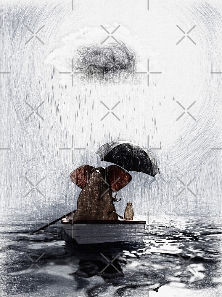 Elephant And A Dog Float In A Boat In The Rain Digital Drawing 7 Postcard By Mikekiev Redbubble