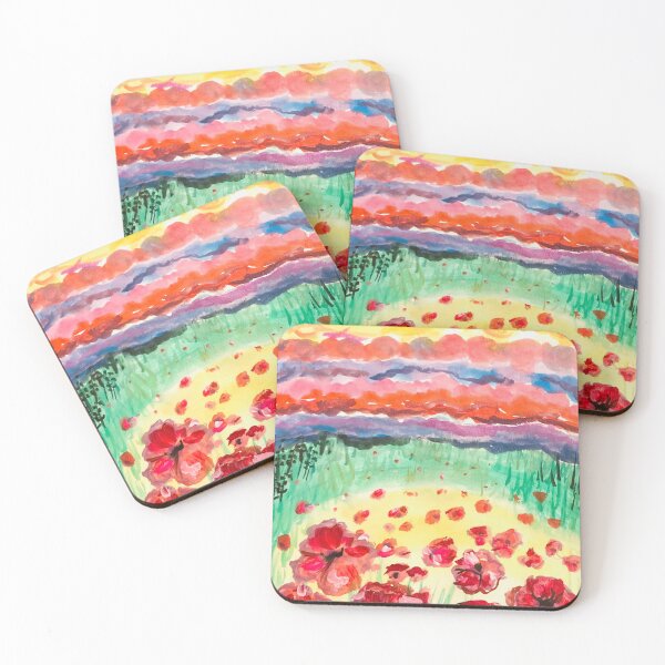 Item preview, Red poppy floral watercolor landscape painting designed and sold by Paintingladycat.