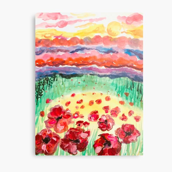 Item preview, Red poppy floral watercolor landscape painting designed and sold by Paintingladycat.
