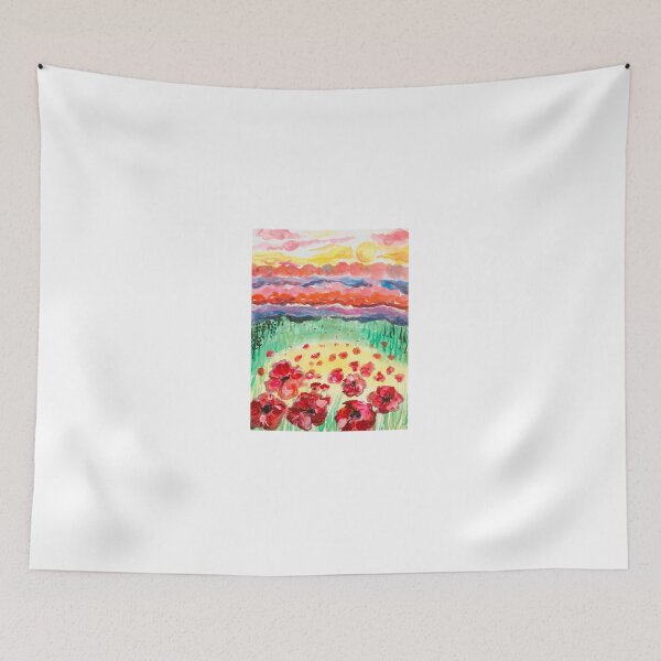Item preview, Red poppy floral watercolor landscape painting designed and sold by Paintingladycat.