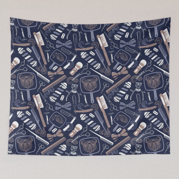Item preview, Shear shave shine // midnight blue background brown white and blue vintage barber shop tools designed and sold by SelmaCardoso.