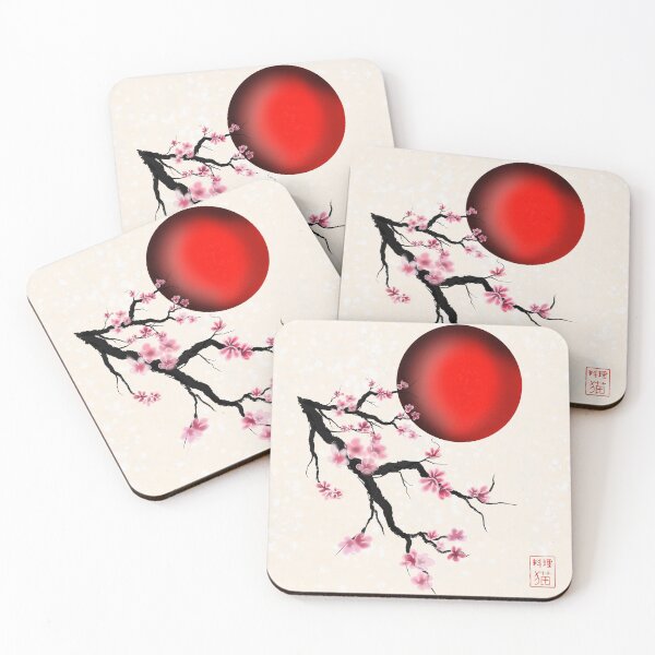 Item preview, Sumi-e watercolor sakura  cherry blossoms with a red rising sun designed and sold by CuisineCat.