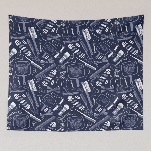 Item preview, Shear shave shine // midnight blue background white and blue vintage barber shop tools designed and sold by SelmaCardoso.