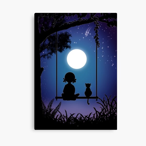 Staring at the moon at night with my cat Canvas Print