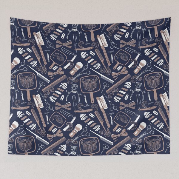 Item preview, Shear shave shine // midnight blue background brown and white vintage barber shop tools designed and sold by SelmaCardoso.