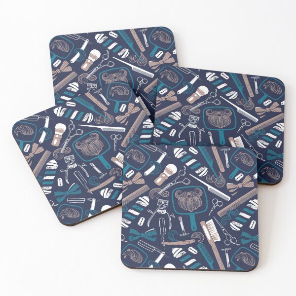 Item preview, Shear shave shine // midnight blue background brown teal and white vintage barber shop tools designed and sold by SelmaCardoso.
