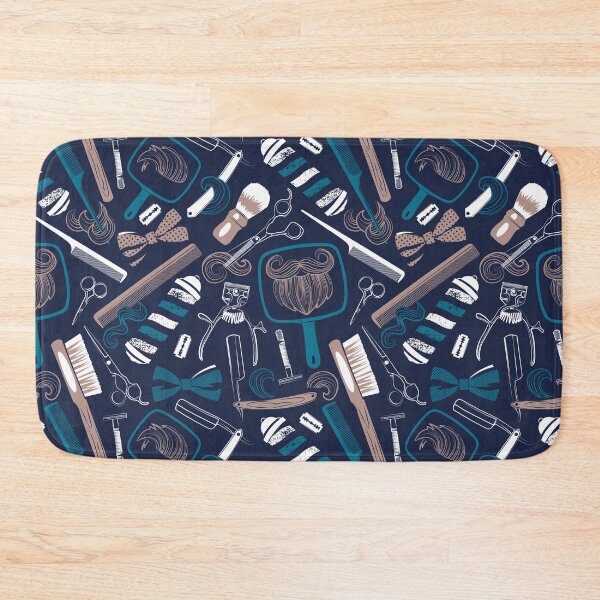Item preview, Shear shave shine // midnight blue background brown teal and white vintage barber shop tools designed and sold by SelmaCardoso.