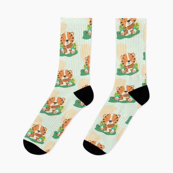 Item preview, Orange bengal tiger eating hot dog in garden with cyan big flowers and beautiful leaves colored background  designed and sold by SGS-.