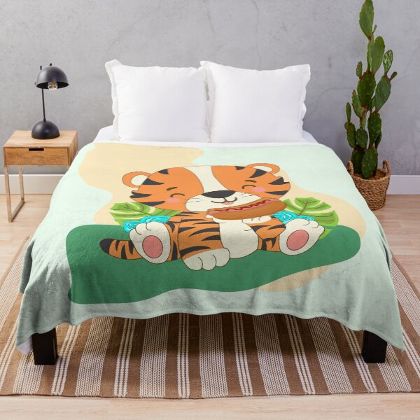 Item preview, Orange bengal tiger eating hot dog in garden with cyan big flowers and beautiful leaves colored background designed and sold by SGS-.