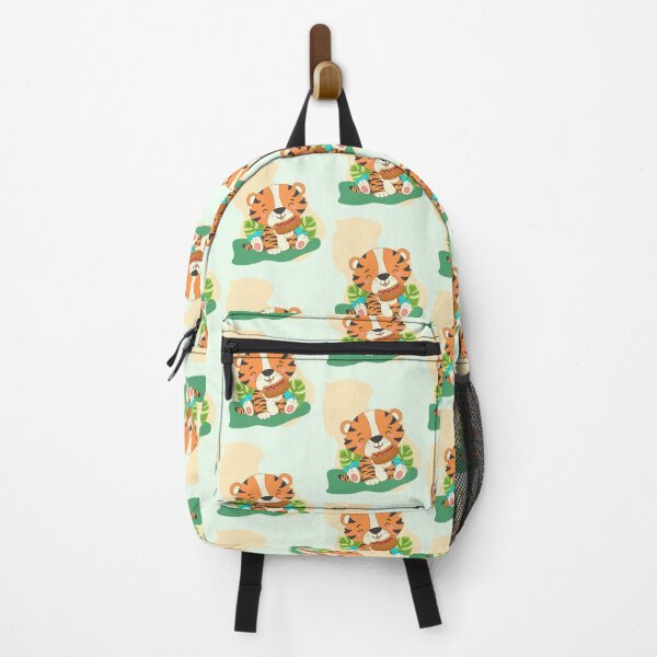 Item preview, Orange bengal tiger eating hot dog in garden with cyan big flowers and beautiful leaves colored background designed and sold by SGS-.