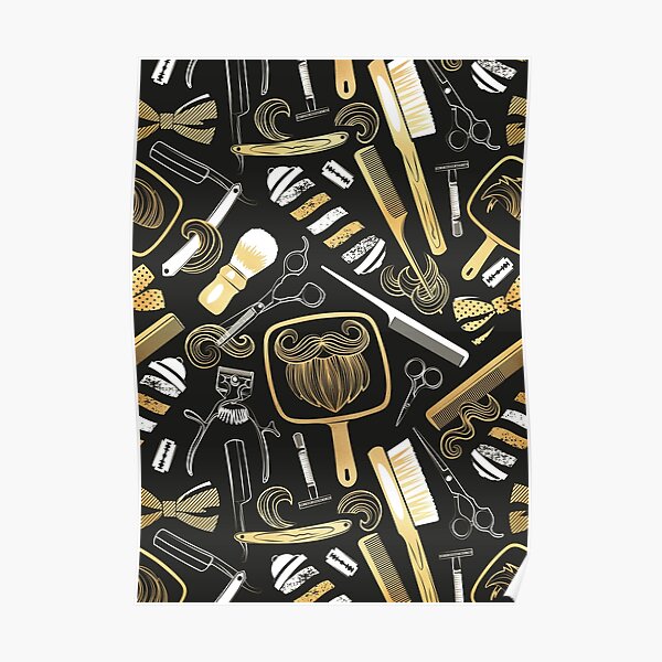 Shear shave shine // black background white and gold texture vintage barber shop tools Poster