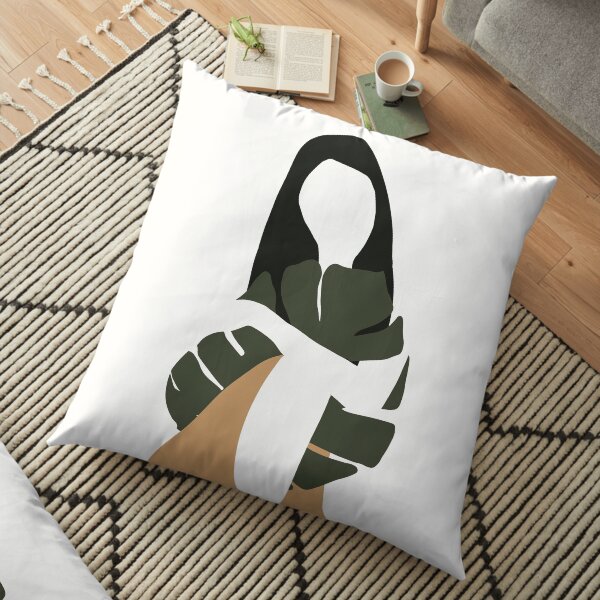 Woman Girl Holding Green Monstera Leaves Minimalist Modern Mid Century Feminine Sensual Style Floor Pillow