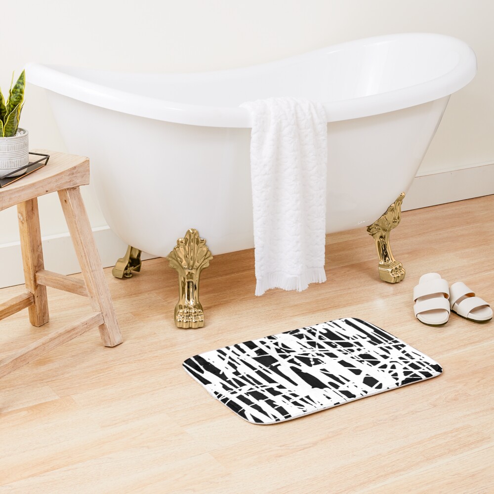 "Scribble Pattern Design Black and White" Bath Mat for Sale by