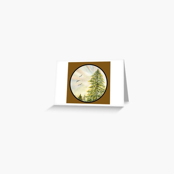 Watercolor Sunrise behind Majestic Evergreen  Greeting Card
