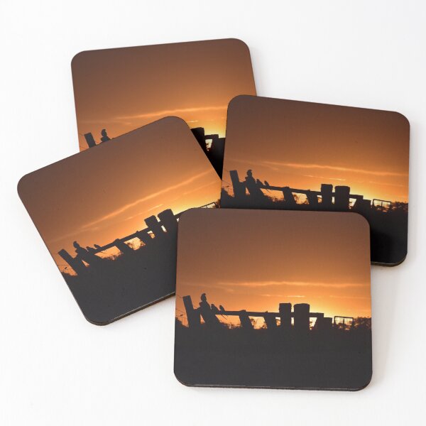 Item preview, Silhouette of birds on fence line at sunrise designed and sold by Rainbow Farm Photography.
