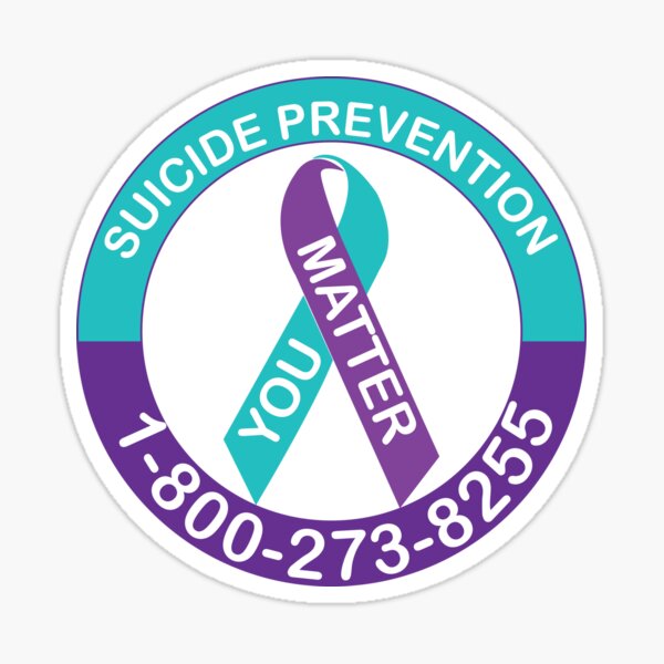 Suicide Awareness Ribbon Decal. Suicide Prevention hotline 1-800-273-8255. Remembrance Prevention. Be alive. You are loved. You Matter! Sticker