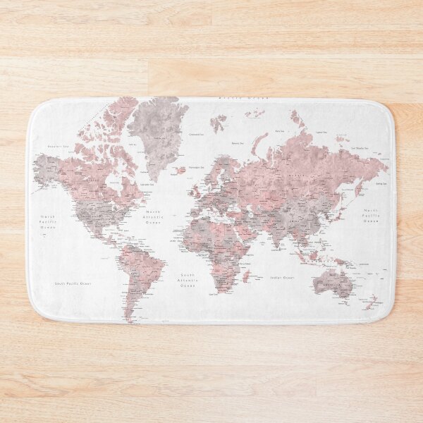 Aperçu de l'œuvre Carte du monde rose et gris poussiéreux avec des villes créée et vendue par blursbyai.