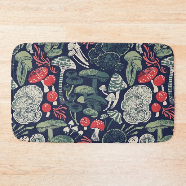 Item preview, Mystical fungi // midnight blue background sage and forest green red and coral wild mushrooms designed and sold by SelmaCardoso.