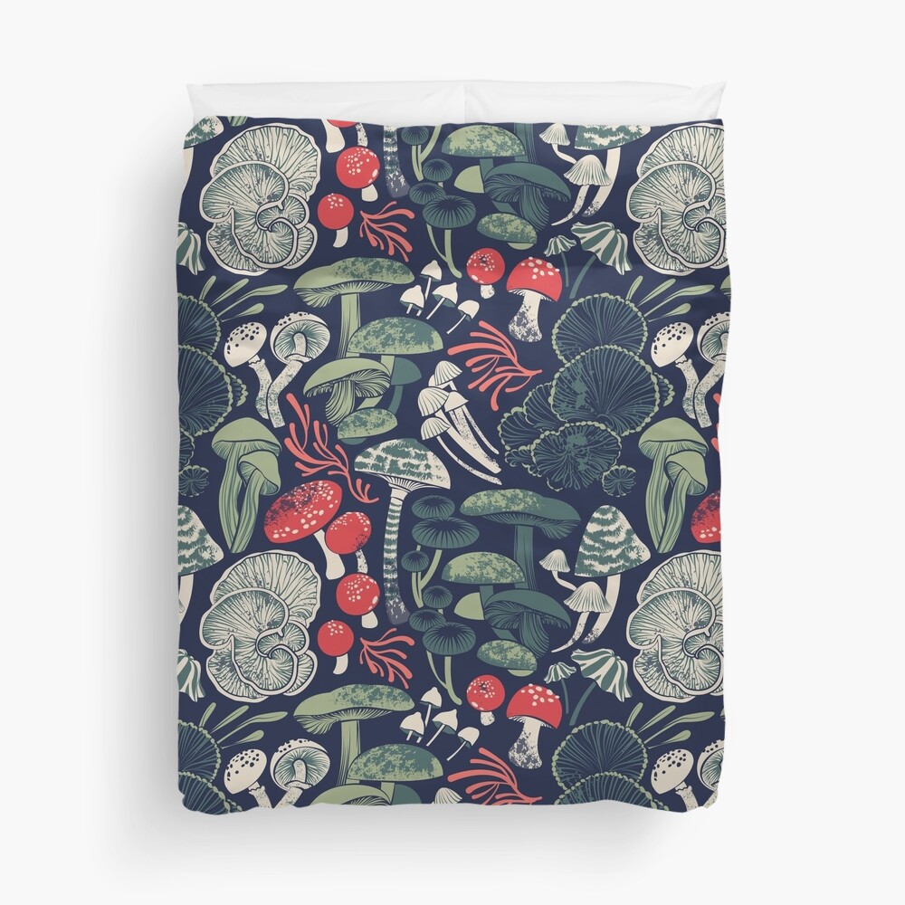 Mystical fungi // midnight blue background sage and forest green red and coral wild mushrooms Duvet Cover